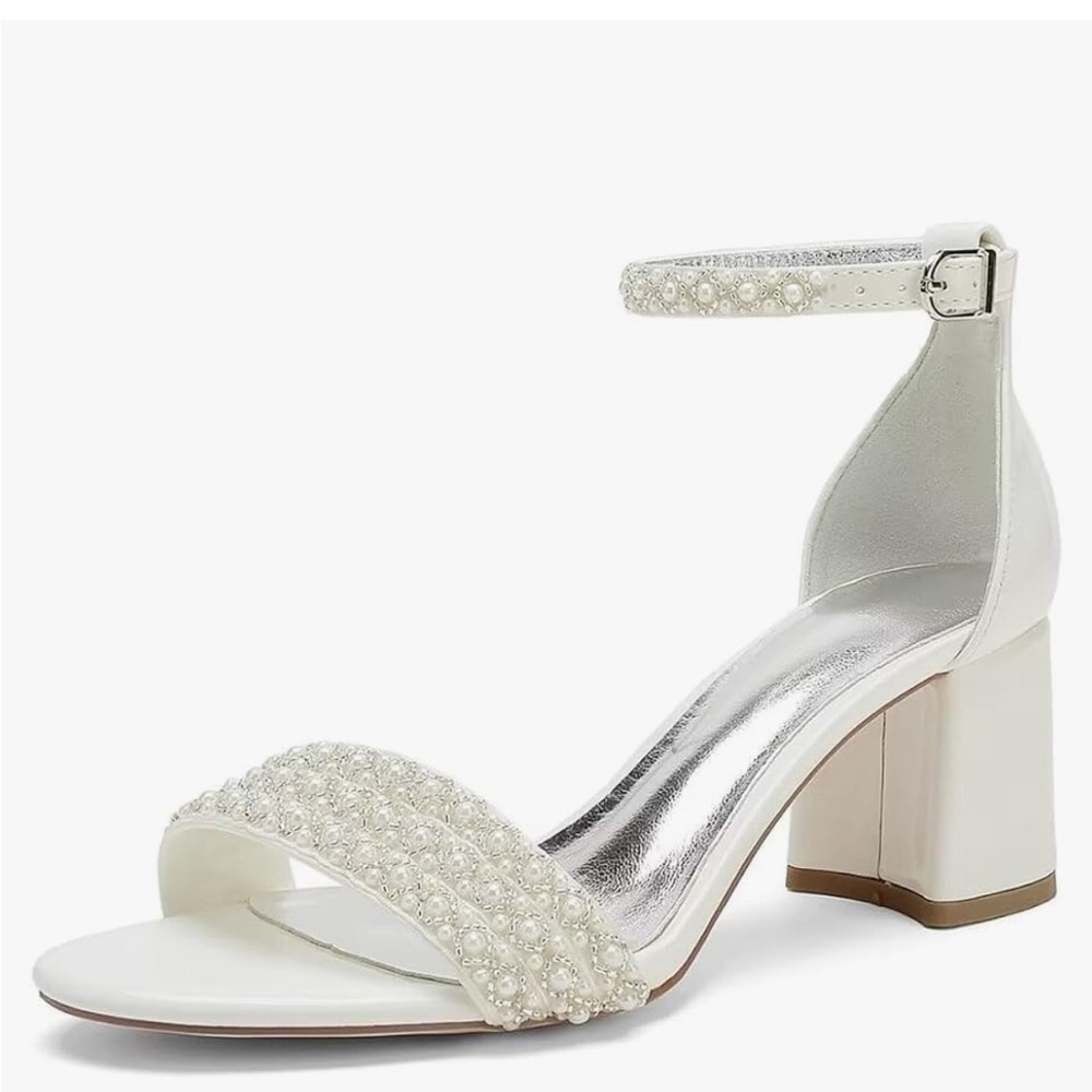 Block heel pearls wedding sandals open toe